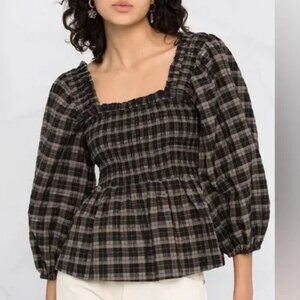 GANNI Checked Seersucker puff-sleeve blouse size EU 40